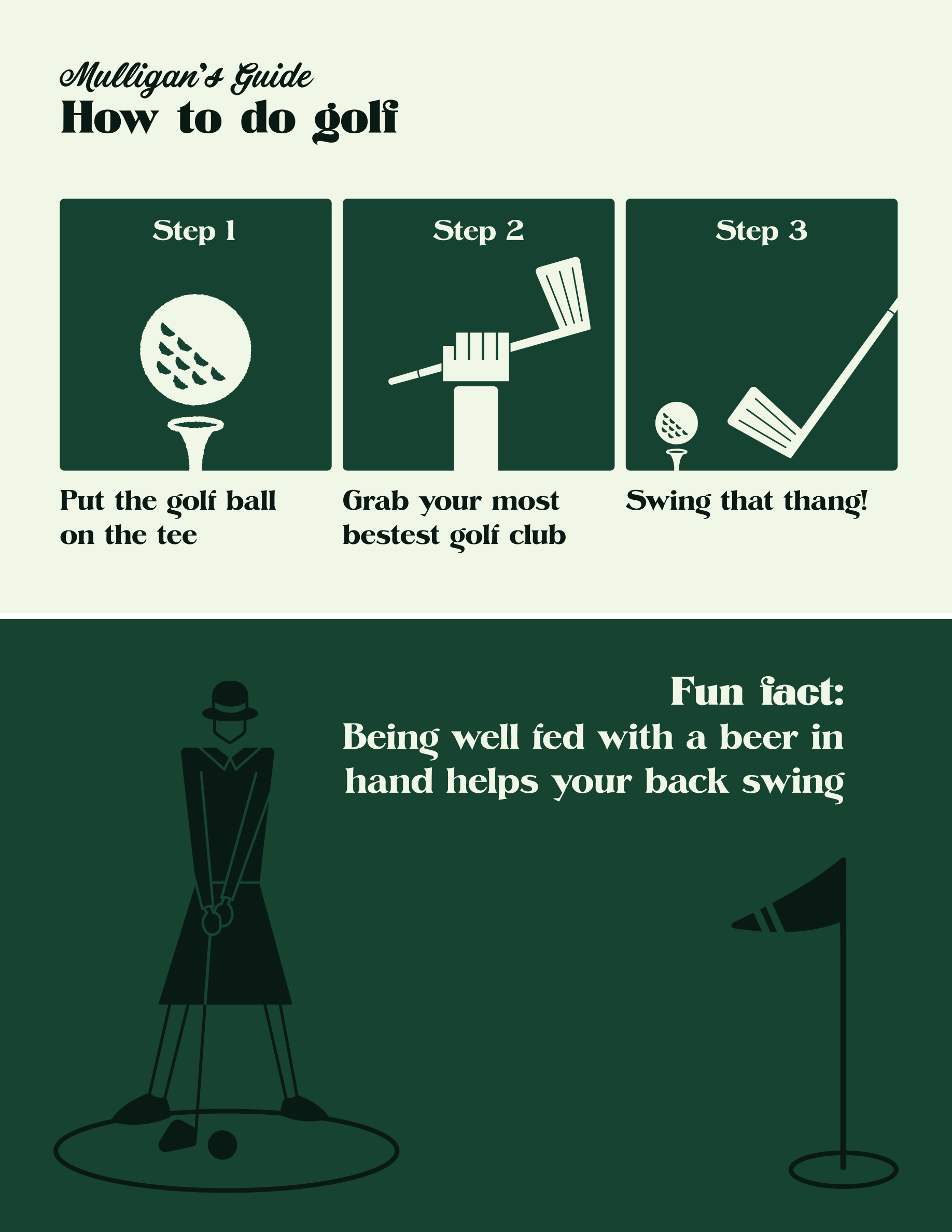 Mulligan's Guide How to do golf napkin dispenser print featuring Step 1 tee ball, Step 2 grab club, Step 3 swing that thang and beer fun fact